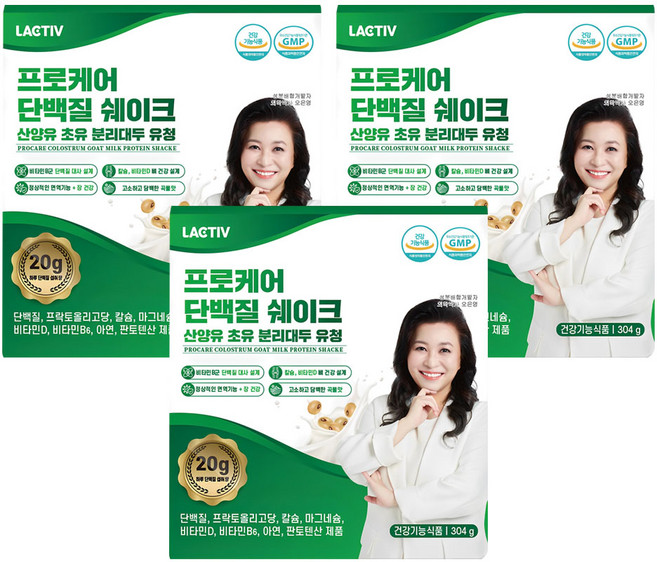 락티브 프로케어 단백질 쉐이크 산양유 초유 분리대두 유청, 304g, 3개