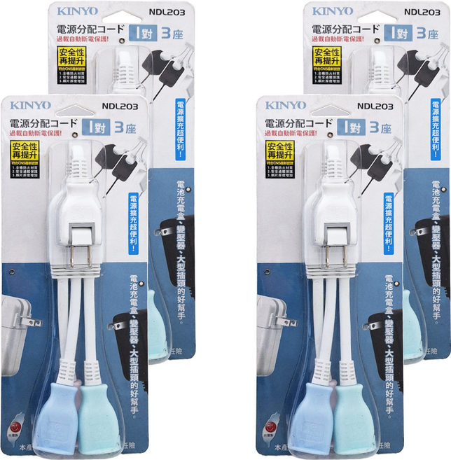 Kinyo 1對3可轉向電源線組 2孔 NDL-203, 335mm, 多色, 4個
