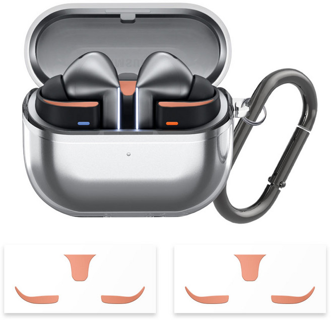 리아몬트 갤럭시 버즈3 / 버즈3 프로 클리어 변색없는 투명 케이스 + 철가루 방지 스티커 2매 세트, 1세트, 투명(케이스), 로즈골드(스티커), 갤럭시 버즈3 프로