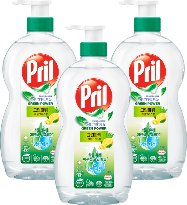 프릴 시크릿 오브 그린파워 주방세제 레몬그라스향, 700ml, 3개