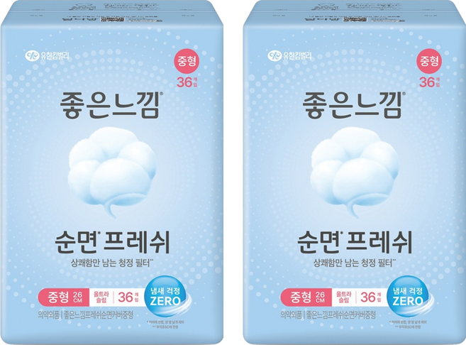 좋은느낌 좋은순면 생리대 날개형, 36개입, 2개, 중형