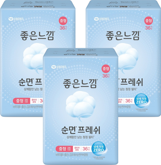 좋은느낌 좋은순면 생리대 날개형, 중형, 36개입, 3개