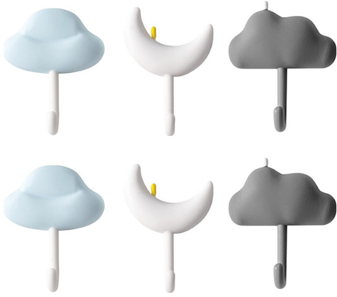 免打孔掛勾 可愛雲朵浴室廚房客廳強力無痕掛勾, 白色 + 灰色 + 藍色, 6個