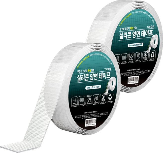 투코비 초강력 메쉬 만능 실리콘 양면테이프 3cm x 5m x 1mm, 투명, 2개