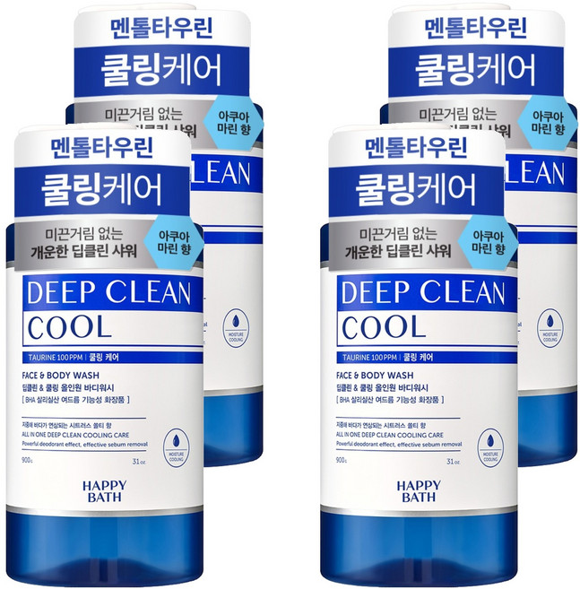 해피바스 딥클린 멘톨 쿨링 케어 올인원 바디워시 아쿠아 마린향, 900g, 4개