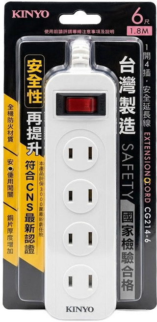 Kinyo 延長線 1開4插 CG214-6, 1.8m, 白色, 1條