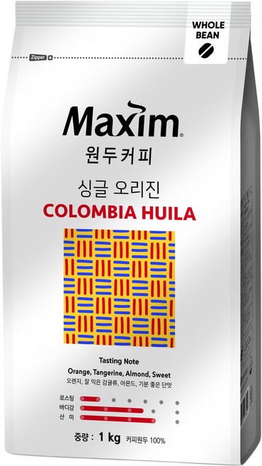 맥심 싱글 오리진 콜롬비아 우일라 원두커피, 홀빈(분쇄안함), 1kg, 1개