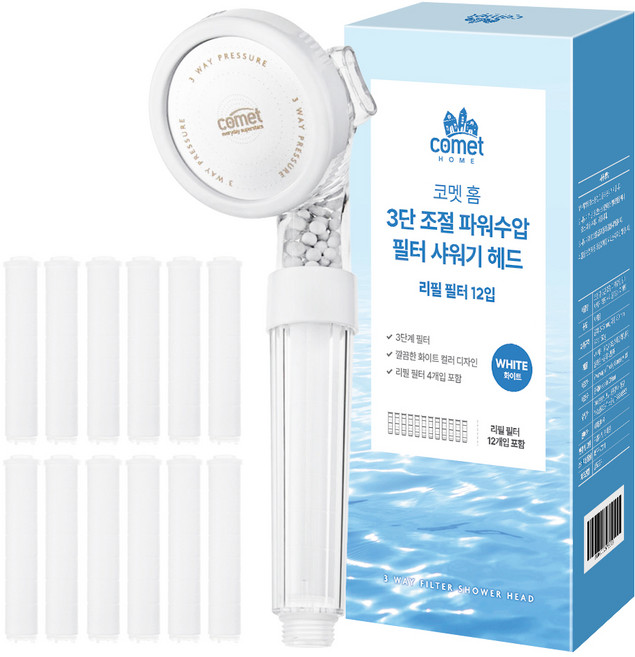 코멧 홈 3단 조절 파워수압 필터 샤워기 헤드 + 리필 12p 세트, 화이트, 1세트