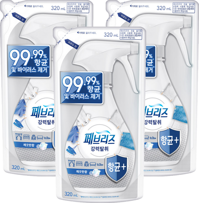 페브리즈 섬유 탈취제 깨끗한 향 리필, 320ml, 3개