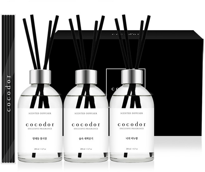 코코도르 화이트라벨 디퓨저 200ml 3개 블랙섬유스틱 20p, 양재동꽃시장+숲속새벽공기+너의비누향, 1개