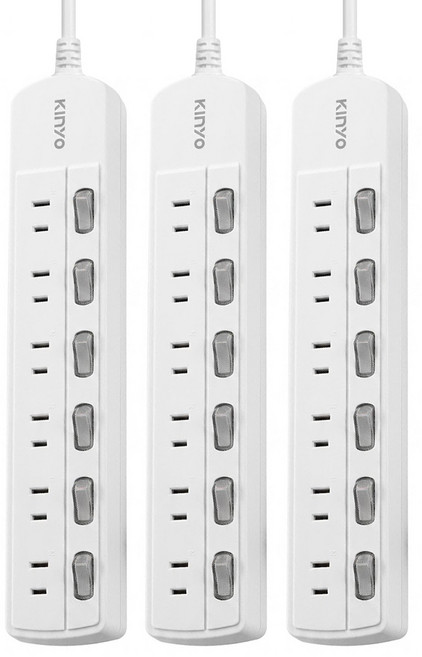 Kinyo 2PIN延長線 6開6插 CG266-9, 2.7m, 白色, 3個