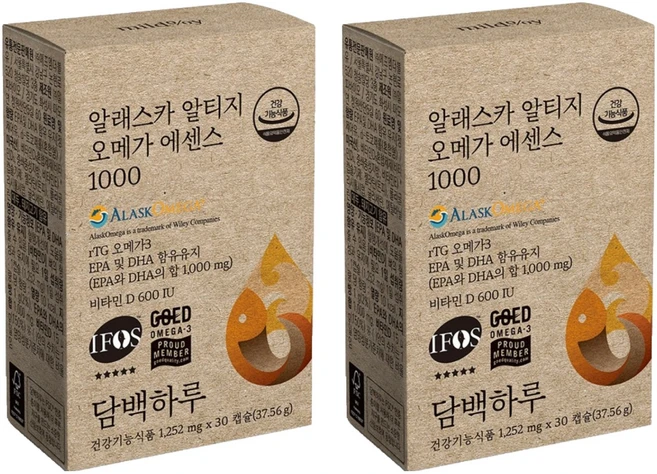 담백하루 비타민D 600IU 알래스카 알티지 오메가 에센스 1000 37.56g, 2개, 30정 - 쿠팡