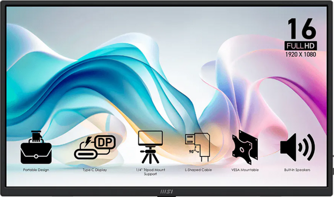 msi 微星 PRO 15.6" 可攜式 顯示器 16:9 IPS PRO MP165 E6 FHD 1920 x 1080 Type-C HDMI 內建喇叭