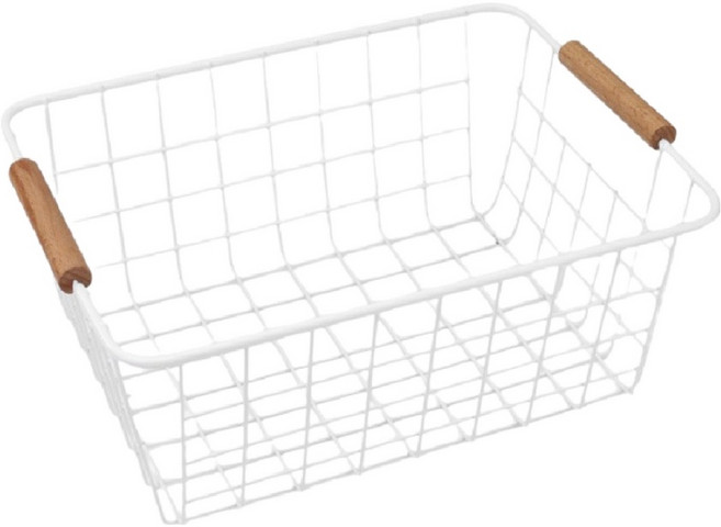 피앤케이 다용도 수납 바스켓 우드 손잡이 철제 사각 바구니, 화이트, 1개