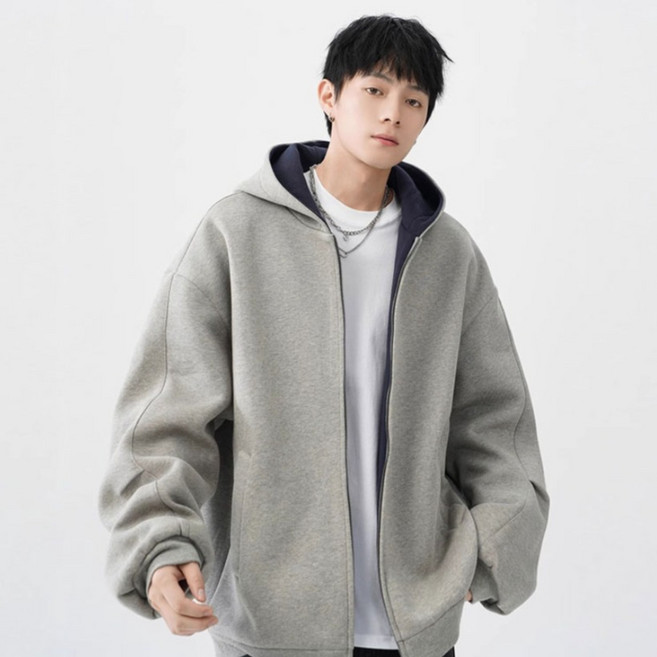 Sunbit 男款 Hedro 素色 Oversize 撞色日常基本款連帽拉鍊外套