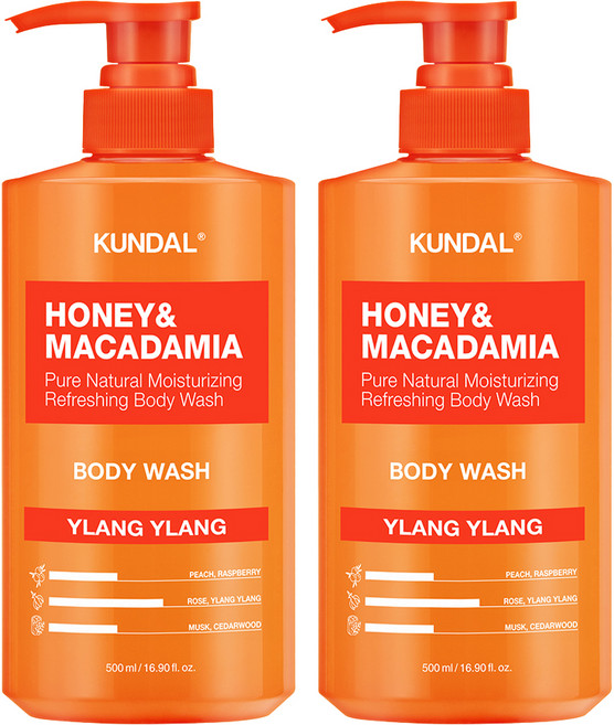 쿤달 허니 앤드 마카다미아 퓨어 바디워시 일랑일랑, 500ml, 2개