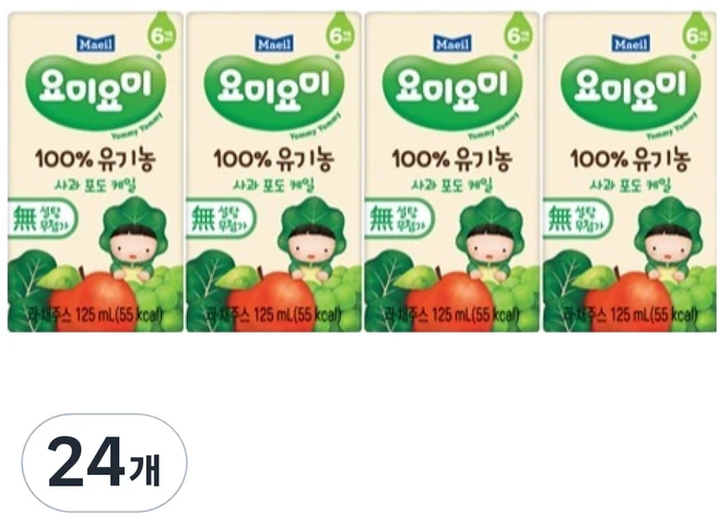 요미요미 100% 유기농 사과포도케일, 125ml, 24개 - 쿠팡