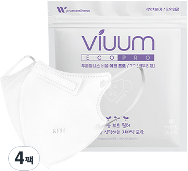 비움 에코 보건용 마스크 성인용 KF94, 25개입, 4개, 화이트