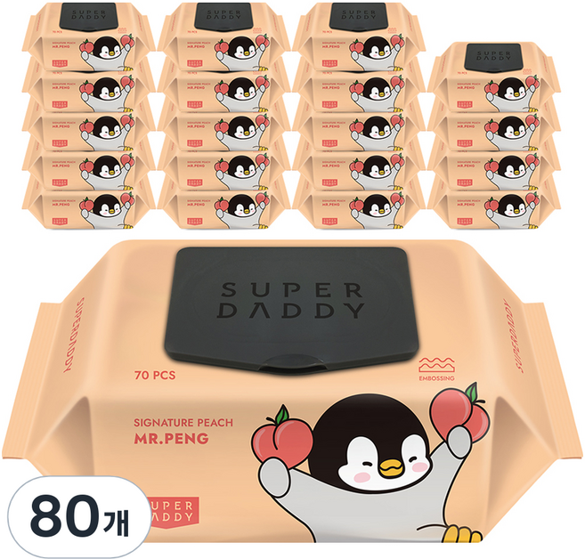 슈퍼대디 시그니처 미스터펭 피치 엠보싱 아기물티슈 캡형, 80개, 70개입, 70g