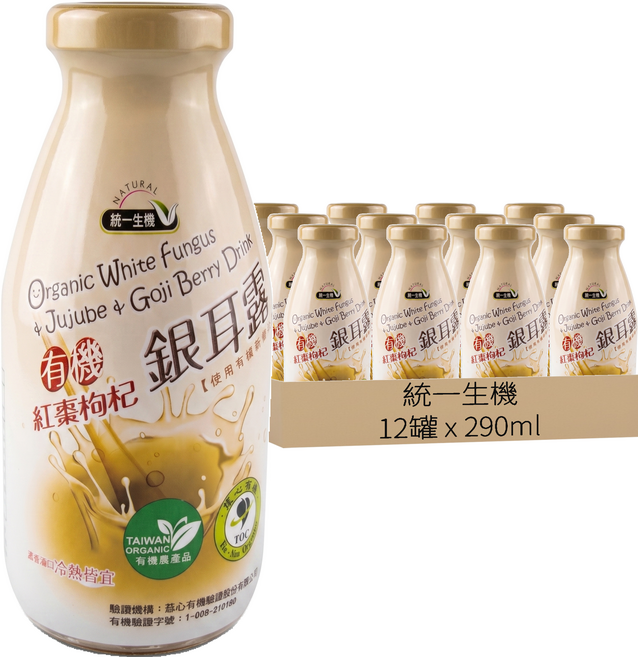 [箱裝]統一生機 有機紅棗枸杞銀耳露, 290ml, 12罐