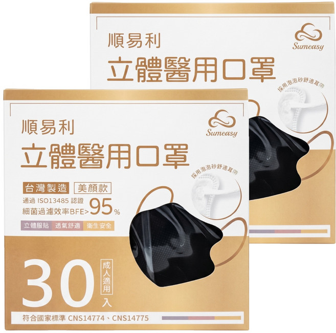 順易利 成人立體醫用口罩 美顏款 M, 黑色, 30片, 2盒