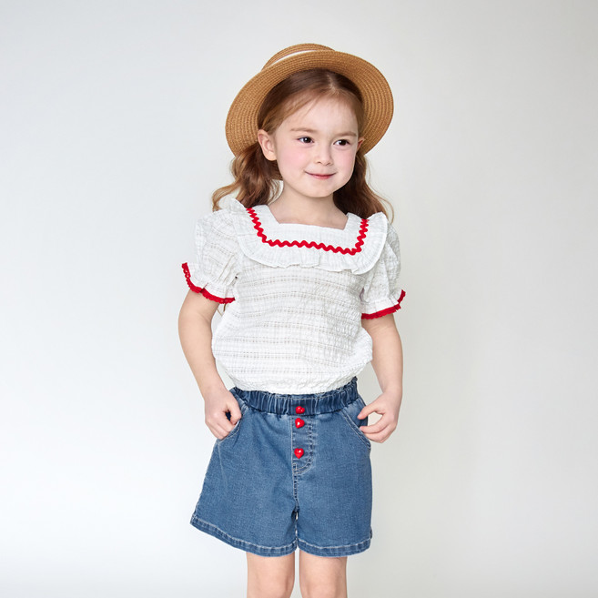 WALTONKIDS 女童涼感透氣方領荷葉邊泡泡袖上衣
