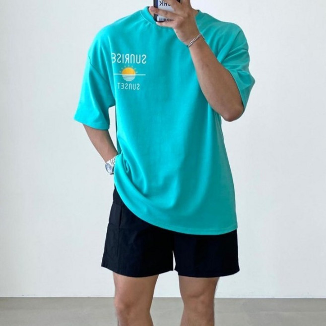 빠델 남성용 통기성 썬셋 프린팅 오버핏 반팔티셔츠