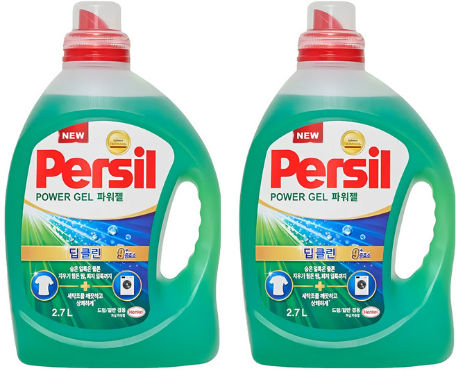 퍼실 딥클린 파워젤 플러스 9중효소 겸용 액상세제 본품, 2.7L, 2개