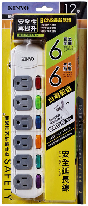 Kinyo 6開6插延長線 3孔 CG-166, 3.6m, 白色, 1條