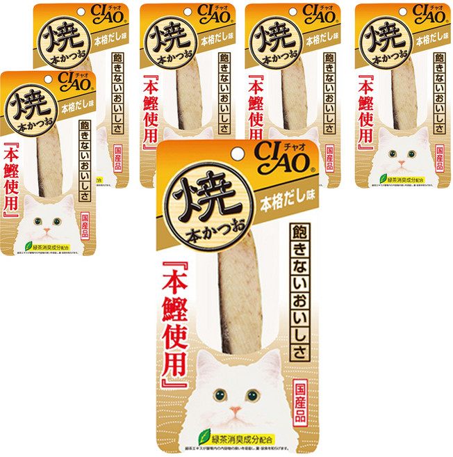 INABA CIAO 啾嚕 燒本柴魚魚柳條 綠茶消臭成分配合 土佐清水港直接輸送 新鮮 肉質柔軟 方便吞食, 高湯風味, 30g, 6包