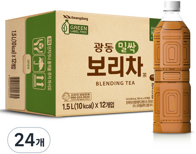 광동제약 밀싹 보리차 그린 무라벨, 1.5L, 24개