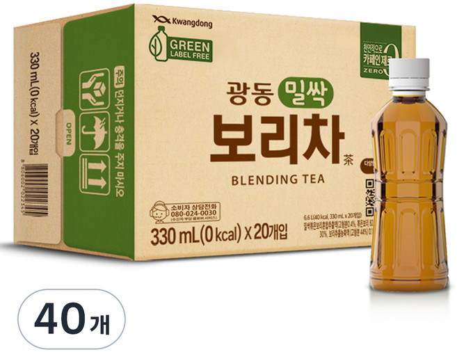 광동제약 밀싹 보리차 그린 무라벨, 330ml, 40개
