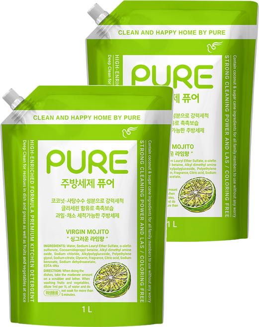 피죤퓨어 버진 모히토 주방세제, 2개, 1L