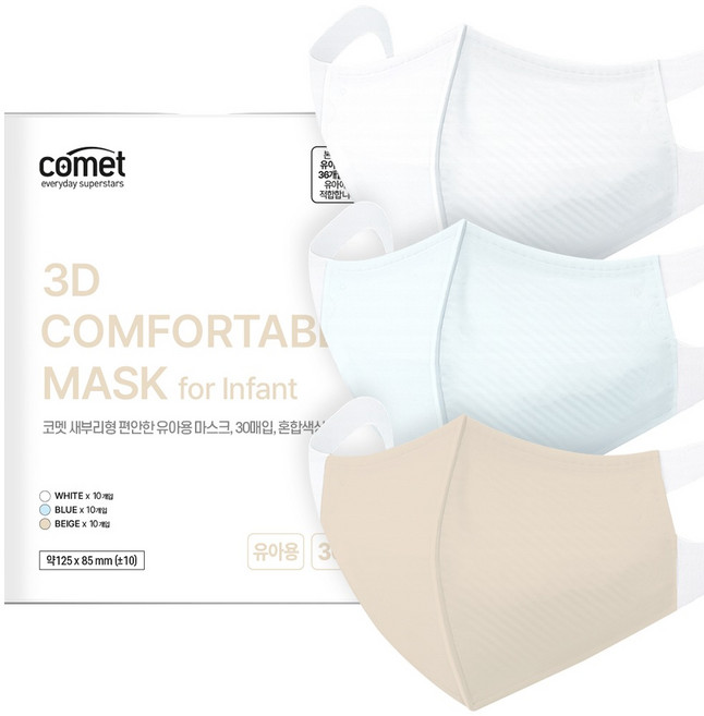 코멧 국내생산 새부리형 숨쉬기 편한 마스크 유아용 초소형, 혼합색상, 1개, 30개입