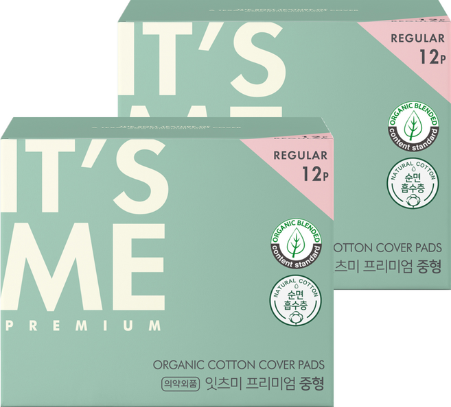 잇츠미 프리미엄 유기농 순면커버 생리대 날개형, 중형, 12개입, 2개