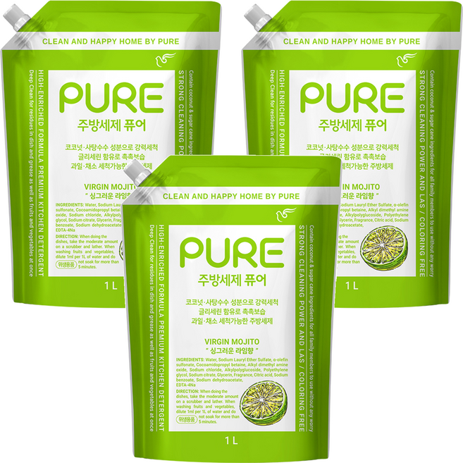 피죤퓨어 버진 모히토 주방세제, 3개, 1L