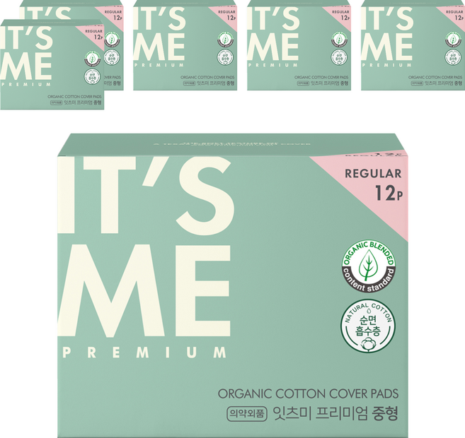 잇츠미 프리미엄 유기농 순면커버 생리대 날개형, 중형, 12개입, 6개
