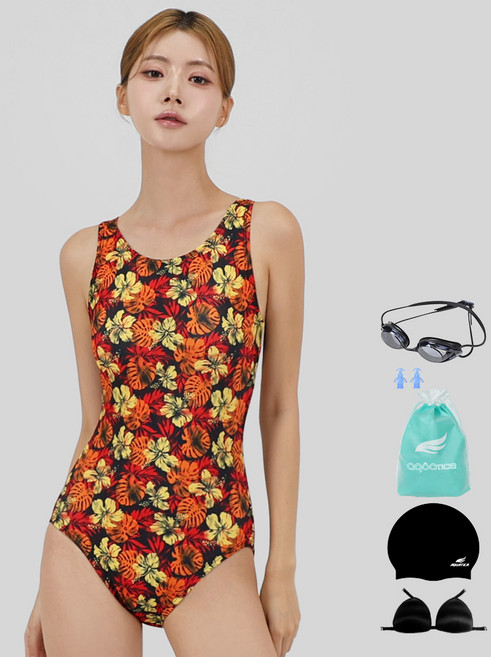 아쿠아티카 여성용 실내 원피스 수영복 + 언더브라 + 비닐백 + 수모 + 귀마개 + 수경 세트 AQA1654