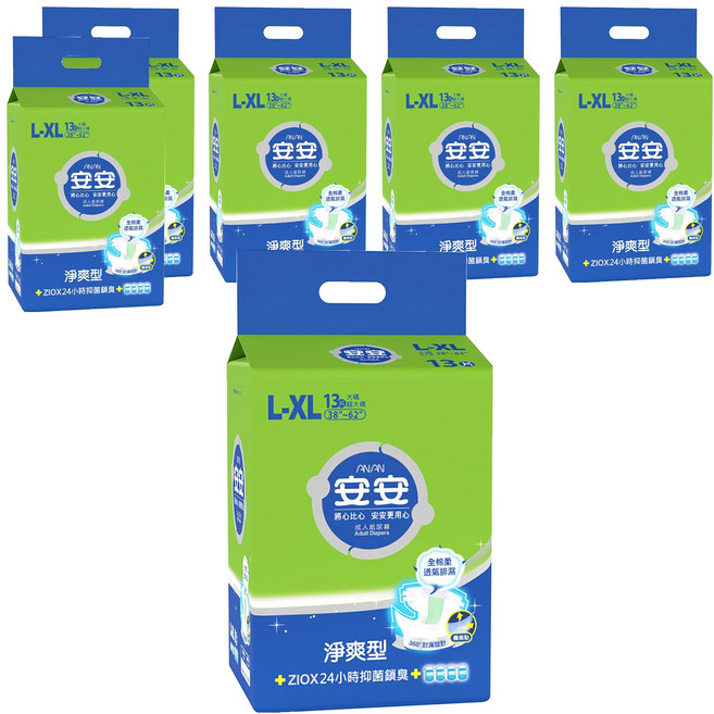 安安 淨爽型 成人紙尿褲, L~XL, 13片, 6包
