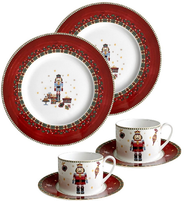 프라우나 크리스마스 넛크래커 2인 티타임 세트 6p, 혼합색상, 티컵 2p + 받침 2p + 접시 2p, 1세트