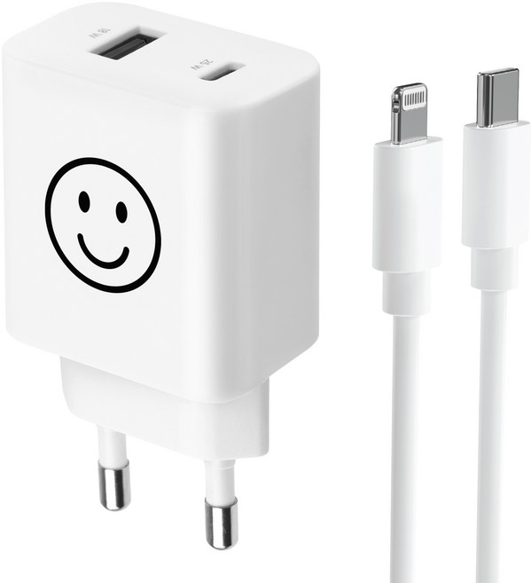 모잇 PD25W 2포트 PPS 초고속충전기 + 8핀 라이트닝 아이폰 케이블 1.3m, 화이트 스마일, 1세트