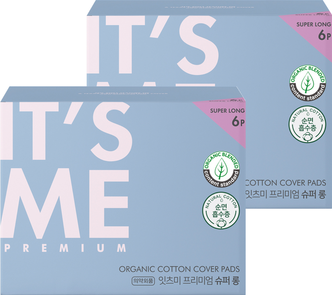 잇츠미 프리미엄 유기농 순면커버 생리대 슈퍼롱 날개형, 오버나이트 이상, 6개입, 2개