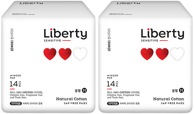 리버티오가네이처 샙프리 순면커버 센시티브 생리대 날개형, 중형, 14개입, 2개