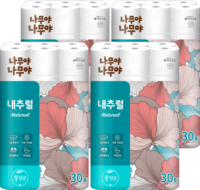 나무야나무야 내추럴 3겹 고급롤화장지, 27m, 30롤, 4개