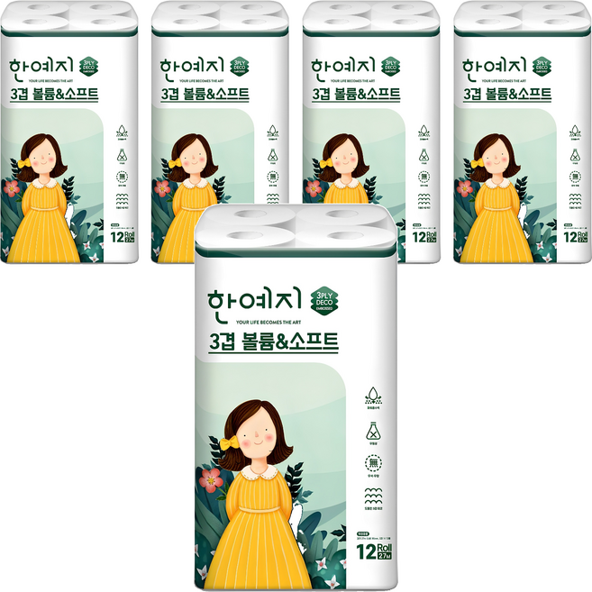 한예지 천연펄프 3겹 볼륨 앤 소프트 롤 화장지, 27m, 12롤, 5개