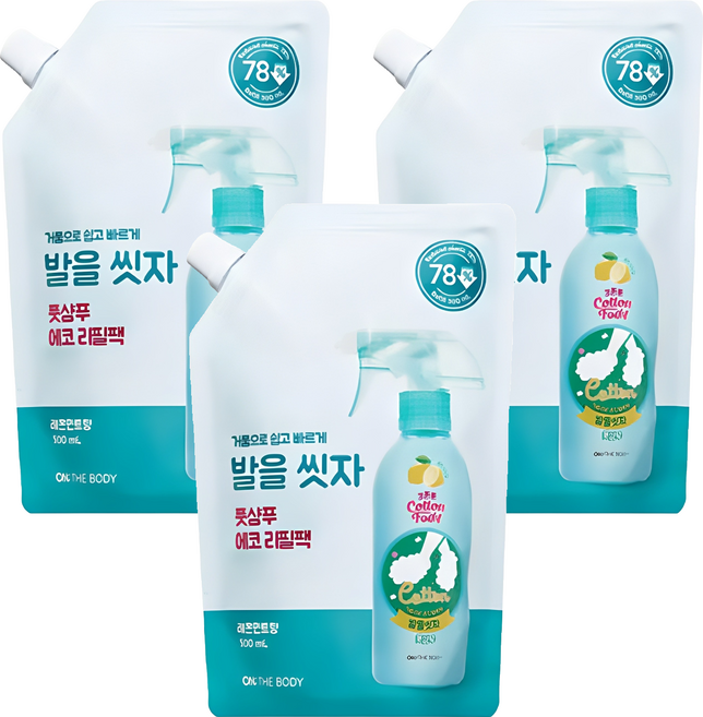 온더바디 코튼풋 발을 씻자 풋샴푸 레몬민트향 에코 리필팩, 1개입, 3개, 500ml