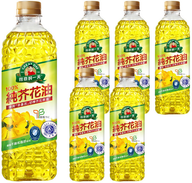 得意的一天 100%純芥花油 嚴選非基改芥花種籽榨出 油質透亮安定 適合各種烹飪方式, 1L, 6瓶