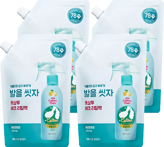 온더바디 코튼풋 발을 씻자 풋샴푸 레몬민트향 에코 리필팩, 1개입, 4개, 500ml