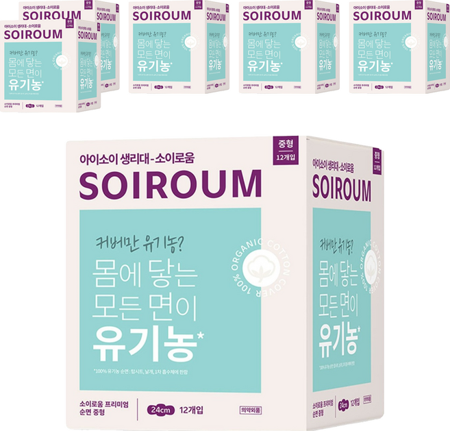 소이로움 프리미엄 순면 생리대 날개형, 중형, 12개입, 6개