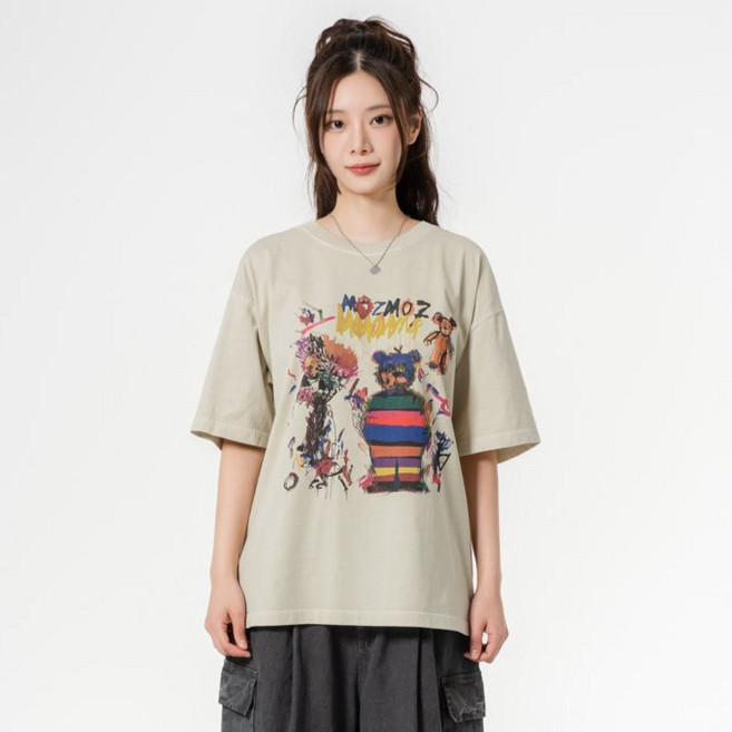 모즈모즈 남녀공용 프라이드베어 오버핏 피그먼트 통기성 반팔 티셔츠